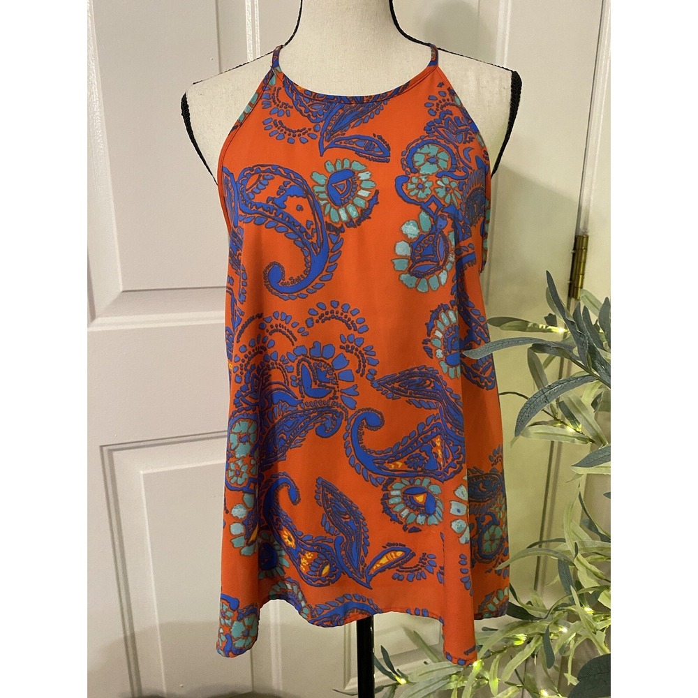 Everly Paisley Spaghetti Strap Blouse Orange Blue Small T10354